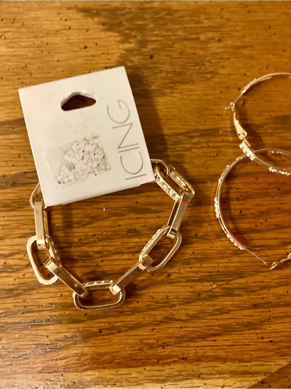 Icing Chain Link Bracelet & Hoop Earrings  with Rhinestone -Trim- Gold tone - Picture 2 of 9